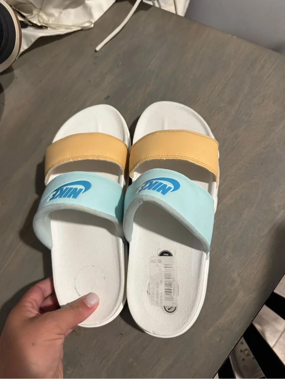 Nike Kids Dual-Strap Slides in Pale Blue and Soft Yellow